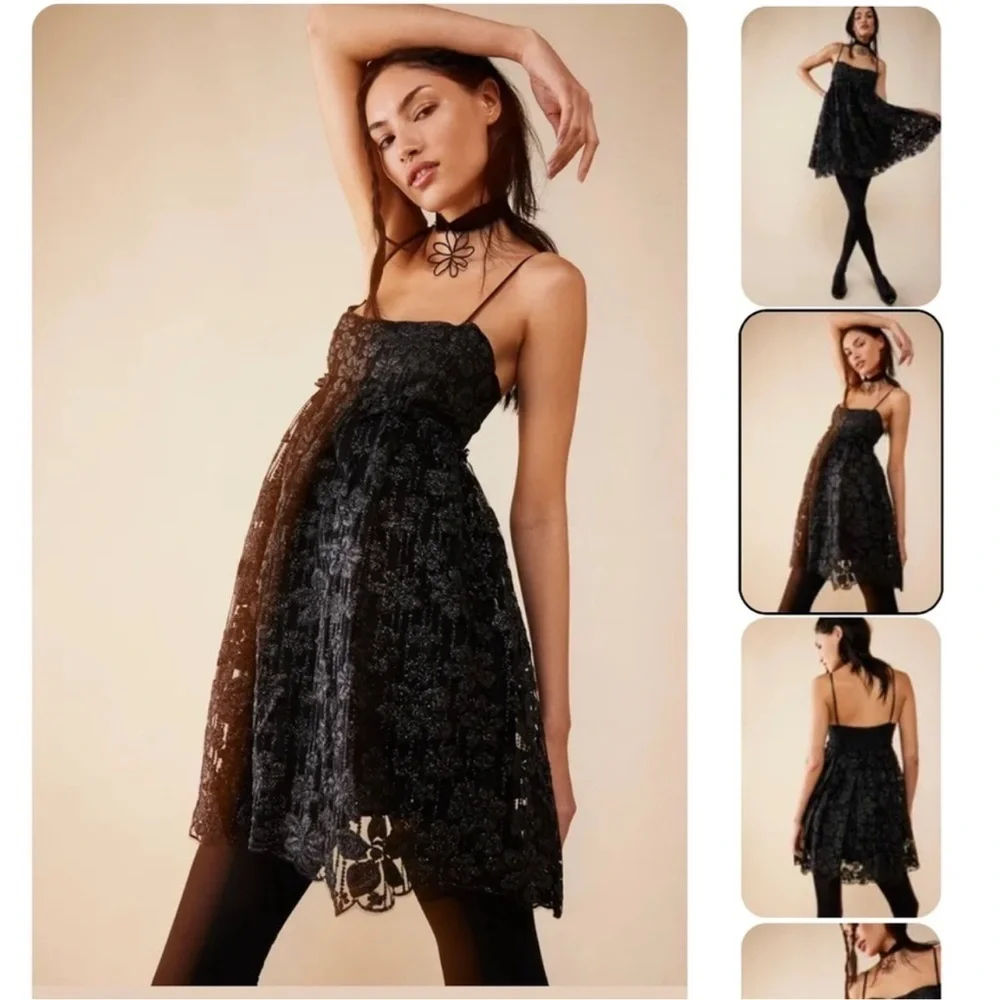 Free People All That Glitter Black Mini Dress. Size L